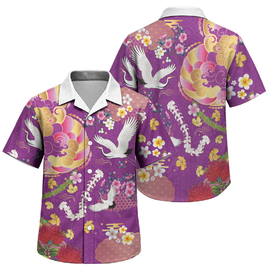 Hawaiian and Japanese Culture Together Family Matching Off The Shoulder Long Sleeve Dress and Hawaiian Shirt Kakau Tribal Pattern and Irezumi Art Purple Color