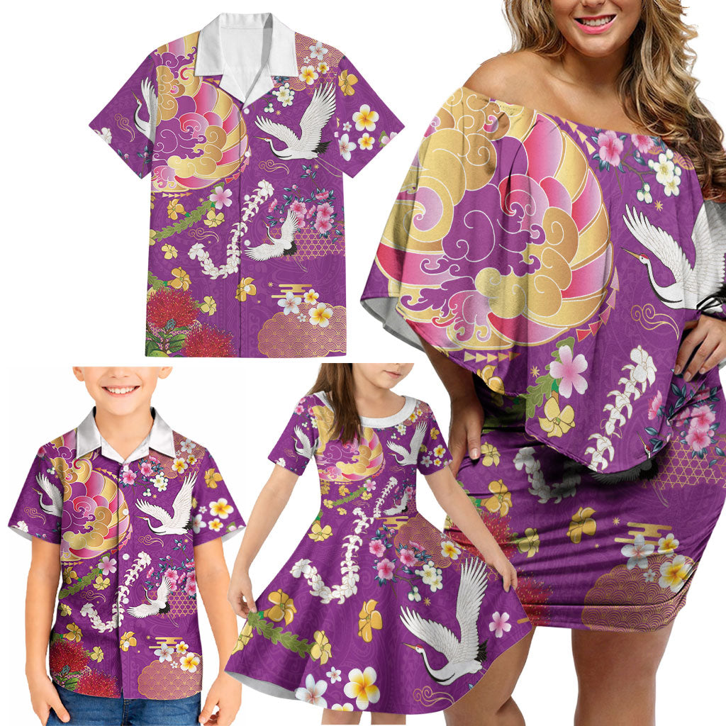 Hawaiian and Japanese Culture Together Family Matching Off Shoulder Short Dress and Hawaiian Shirt Kakau Tribal Pattern and Irezumi Art Purple Color