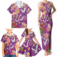 Hawaiian and Japanese Culture Together Family Matching Tank Maxi Dress and Hawaiian Shirt Kakau Tribal Pattern and Irezumi Art Purple Color
