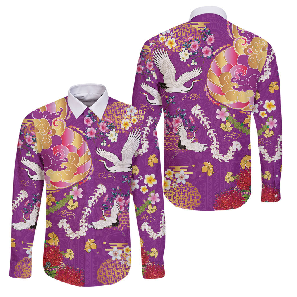 Hawaiian and Japanese Culture Together Family Matching Tank Maxi Dress and Hawaiian Shirt Kakau Tribal Pattern and Irezumi Art Purple Color