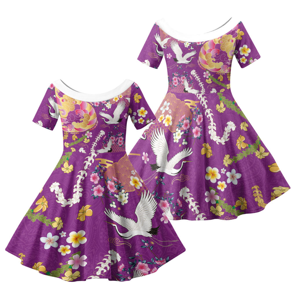 Hawaiian and Japanese Culture Together Family Matching Tank Maxi Dress and Hawaiian Shirt Kakau Tribal Pattern and Irezumi Art Purple Color