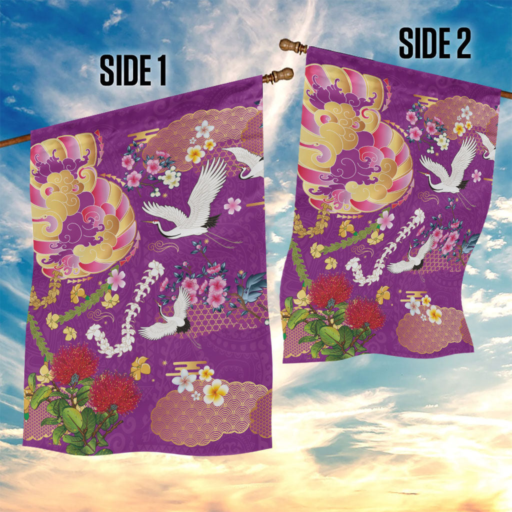 Hawaiian and Japanese Culture Together Garden Flag Kakau Tribal Pattern and Irezumi Art Purple Color
