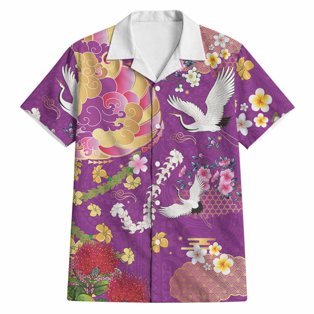 Hawaiian and Japanese Culture Together Hawaiian Shirt Kakau Tribal Pattern and Irezumi Art Purple Color