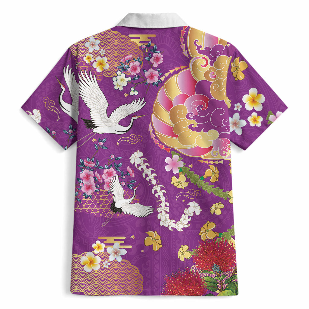 Hawaiian and Japanese Culture Together Hawaiian Shirt Kakau Tribal Pattern and Irezumi Art Purple Color