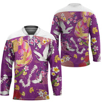 Hawaiian and Japanese Culture Together Hockey Jersey Kakau Tribal Pattern and Irezumi Art Purple Color