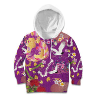 Hawaiian and Japanese Culture Together Kid Hoodie Kakau Tribal Pattern and Irezumi Art Purple Color