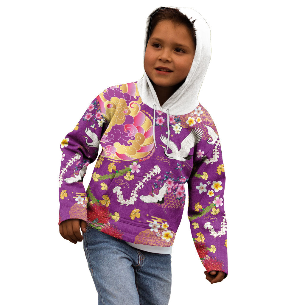 Hawaiian and Japanese Culture Together Kid Hoodie Kakau Tribal Pattern and Irezumi Art Purple Color