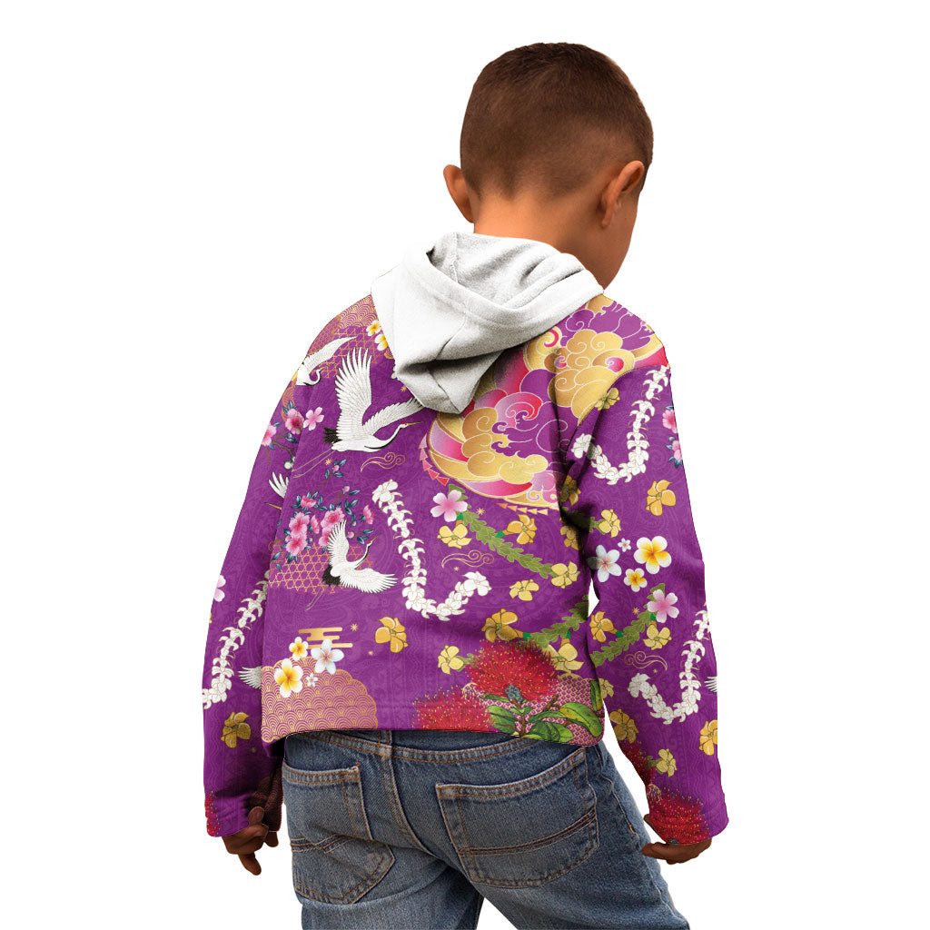 Hawaiian and Japanese Culture Together Kid Hoodie Kakau Tribal Pattern and Irezumi Art Purple Color