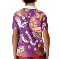 Hawaiian and Japanese Culture Together Kid Polo Shirt Kakau Tribal Pattern and Irezumi Art Purple Color