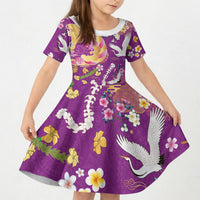 Hawaiian and Japanese Culture Together Kid Short Sleeve Dress Kakau Tribal Pattern and Irezumi Art Purple Color