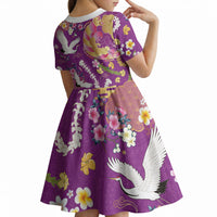 Hawaiian and Japanese Culture Together Kid Short Sleeve Dress Kakau Tribal Pattern and Irezumi Art Purple Color