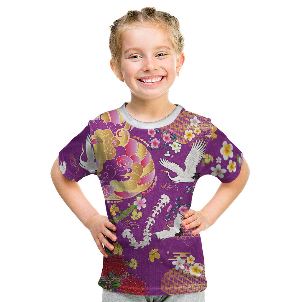 Hawaiian and Japanese Culture Together Kid T Shirt Kakau Tribal Pattern and Irezumi Art Purple Color