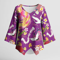 Hawaiian and Japanese Culture Together Kimono Sleeve Blouse Kakau Tribal Pattern and Irezumi Art Purple Color