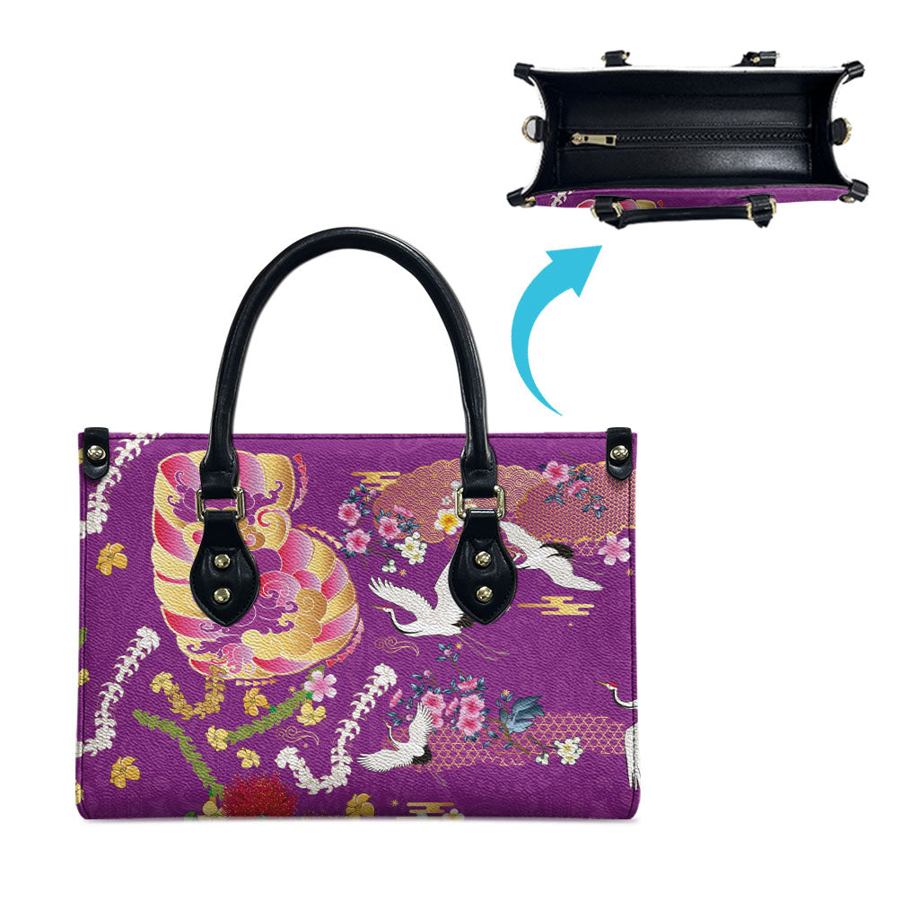 Hawaiian and Japanese Culture Together Leather Bag Kakau Tribal Pattern and Irezumi Art Purple Color