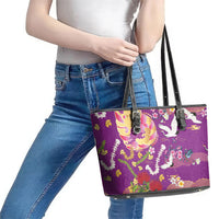 Hawaiian and Japanese Culture Together Leather Tote Bag Kakau Tribal Pattern and Irezumi Art Purple Color