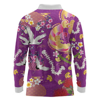 Hawaiian and Japanese Culture Together Long Sleeve Polo Shirt Kakau Tribal Pattern and Irezumi Art Purple Color