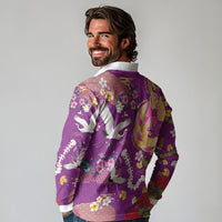 Hawaiian and Japanese Culture Together Long Sleeve Polo Shirt Kakau Tribal Pattern and Irezumi Art Purple Color