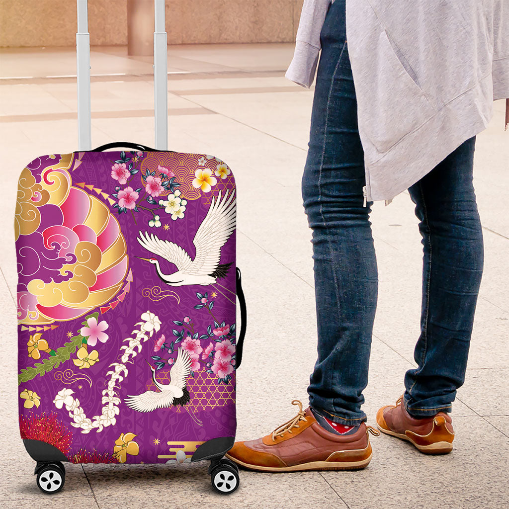 Hawaiian and Japanese Culture Together Luggage Cover Kakau Tribal Pattern and Irezumi Art Purple Color