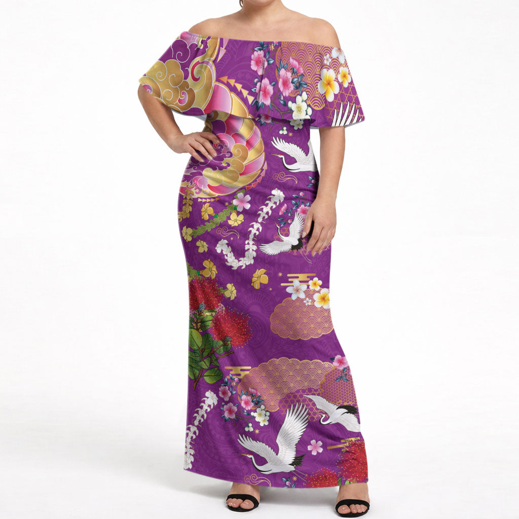 Hawaiian and Japanese Culture Together Off Shoulder Maxi Dress Kakau Tribal Pattern and Irezumi Art Purple Color