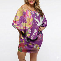 Hawaiian and Japanese Culture Together Off Shoulder Short Dress Kakau Tribal Pattern and Irezumi Art Purple Color