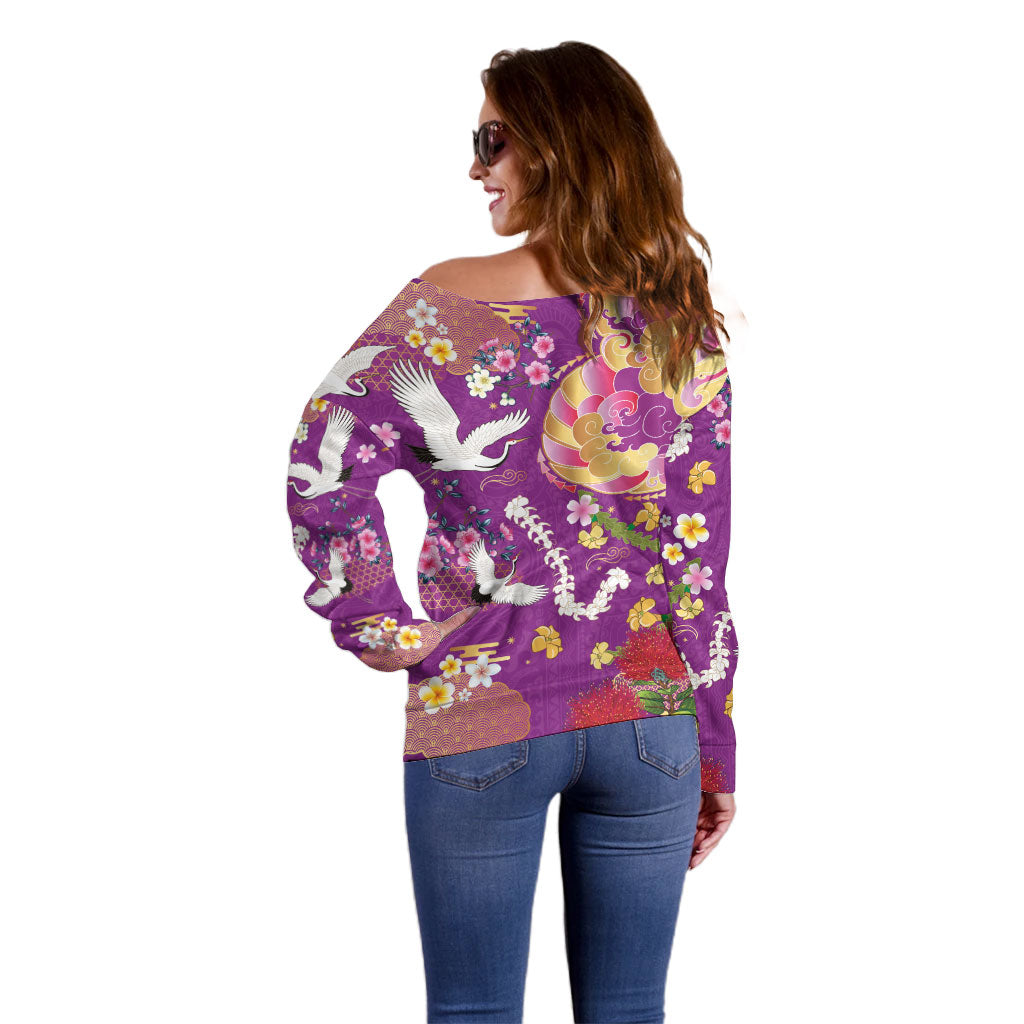 Hawaiian and Japanese Culture Together Off Shoulder Sweater Kakau Tribal Pattern and Irezumi Art Purple Color