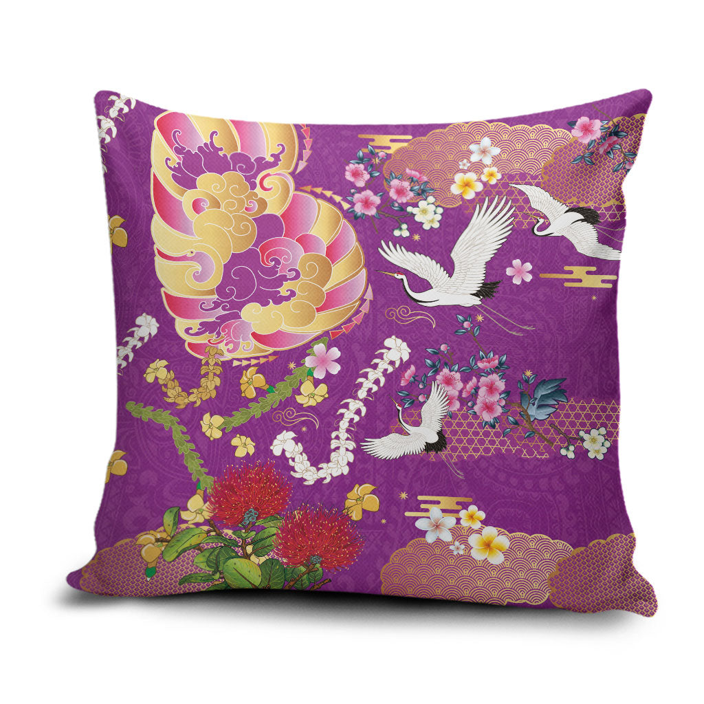 Hawaiian and Japanese Culture Together Pillow Cover Kakau Tribal Pattern and Irezumi Art Purple Color