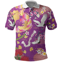 Hawaiian and Japanese Culture Together Polo Shirt Kakau Tribal Pattern and Irezumi Art Purple Color