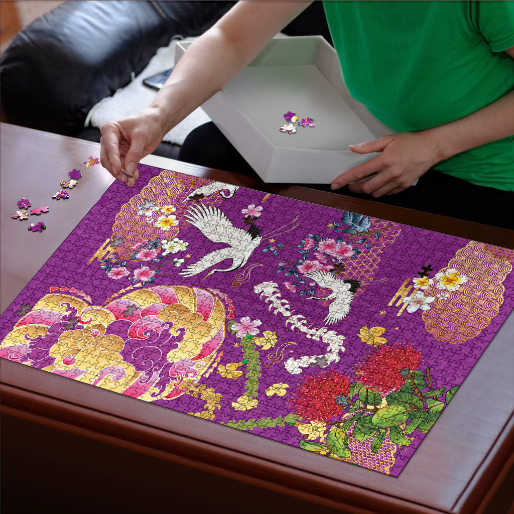 Hawaiian and Japanese Culture Together Puzzle Kakau Tribal Pattern and Irezumi Art Purple Color