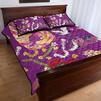 Hawaiian and Japanese Culture Together Quilt Bed Set Kakau Tribal Pattern and Irezumi Art Purple Color