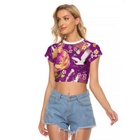 Hawaiian and Japanese Culture Together Raglan Cropped T Shirt Kakau Tribal Pattern and Irezumi Art Purple Color