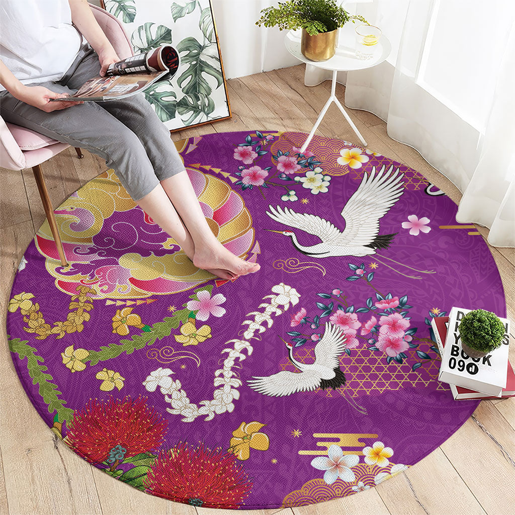 Hawaiian and Japanese Culture Together Round Carpet Kakau Tribal Pattern and Irezumi Art Purple Color