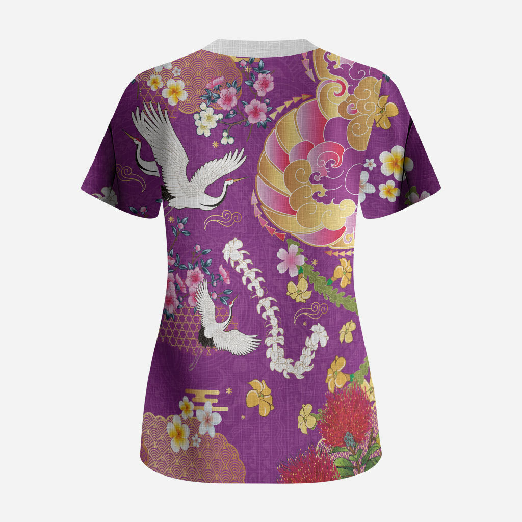 Hawaiian and Japanese Culture Together Scrub Top Kakau Tribal Pattern and Irezumi Art Purple Color