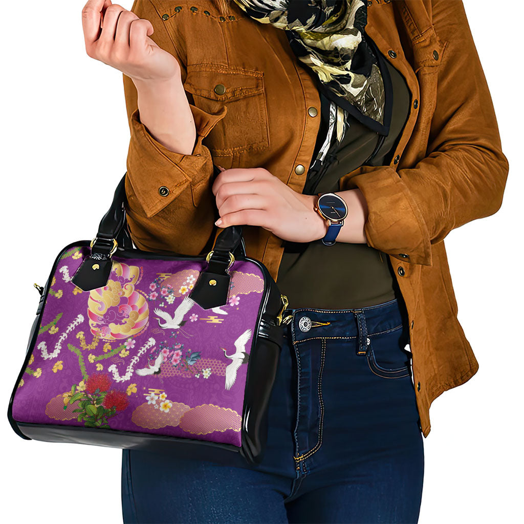 Hawaiian and Japanese Culture Together Shoulder Handbag Kakau Tribal Pattern and Irezumi Art Purple Color