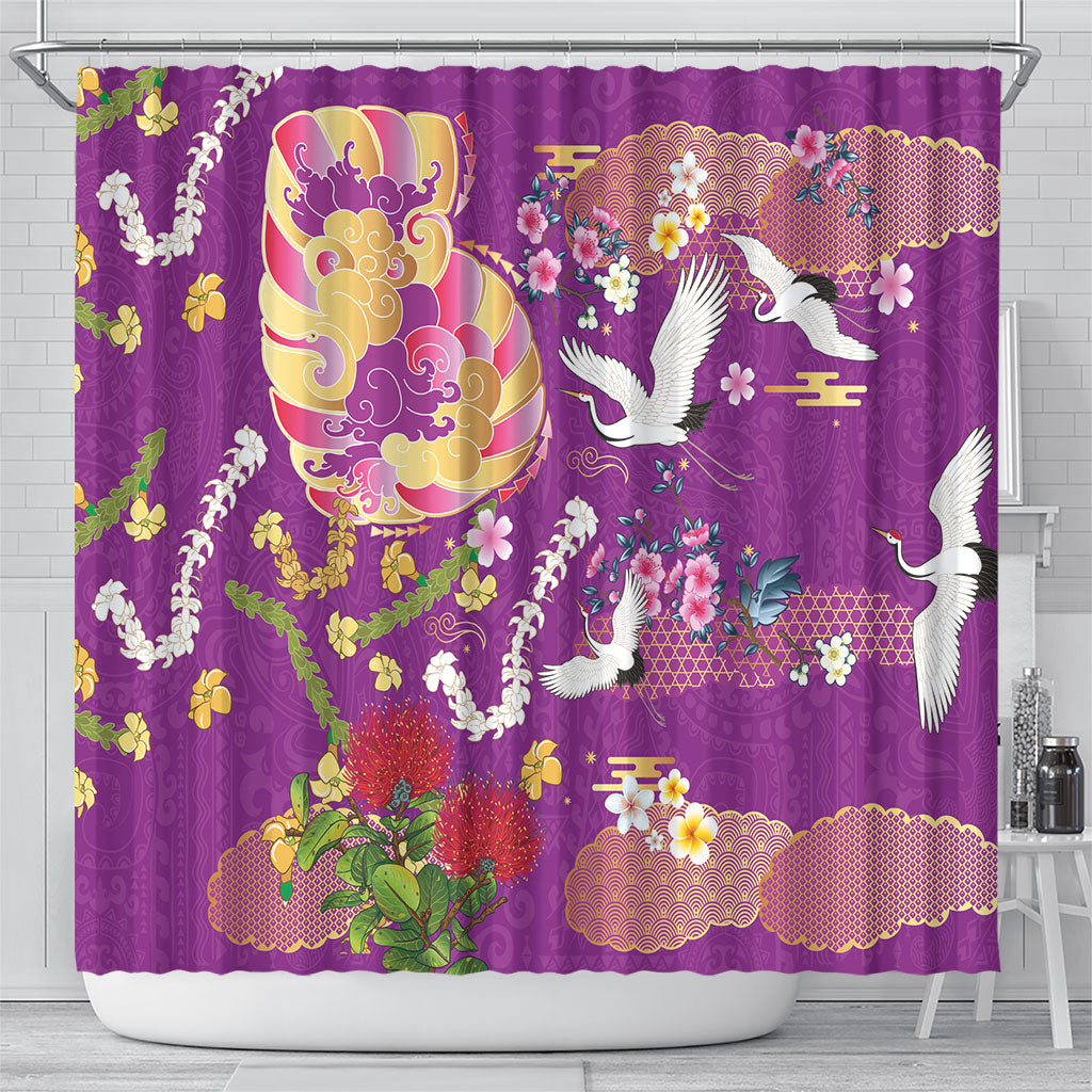 Hawaiian and Japanese Culture Together Shower Curtain Kakau Tribal Pattern and Irezumi Art Purple Color