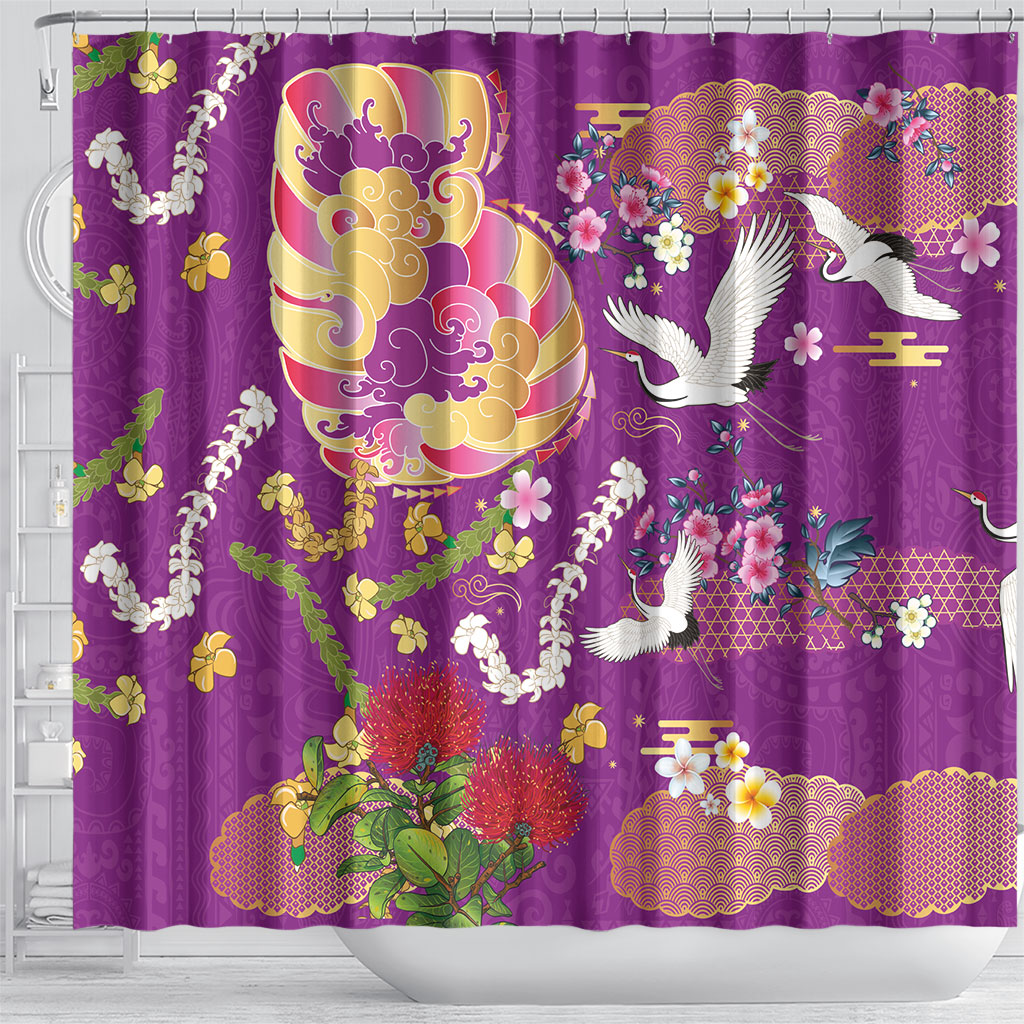 Hawaiian and Japanese Culture Together Shower Curtain Kakau Tribal Pattern and Irezumi Art Purple Color