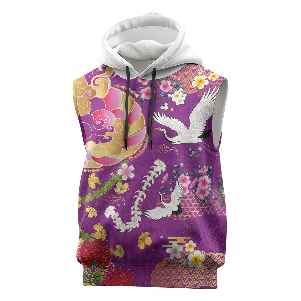 Hawaiian and Japanese Culture Together Sleeveless Hoodie Kakau Tribal Pattern and Irezumi Art Purple Color