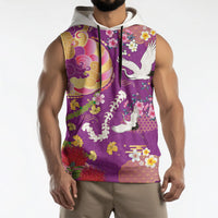 Hawaiian and Japanese Culture Together Sleeveless Hoodie Kakau Tribal Pattern and Irezumi Art Purple Color