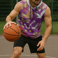 Hawaiian and Japanese Culture Together Sleeveless Hoodie Kakau Tribal Pattern and Irezumi Art Purple Color