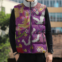 Hawaiian and Japanese Culture Together Sleeveless Puffer Jacket Kakau Tribal Pattern and Irezumi Art Purple Color