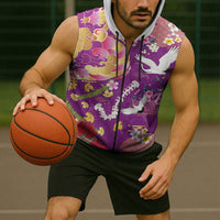 Hawaiian and Japanese Culture Together Sleeveless Zip Hoodie Kakau Tribal Pattern and Irezumi Art Purple Color