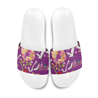 Hawaiian and Japanese Culture Together Slide Sandals Kakau Tribal Pattern and Irezumi Art Purple Color