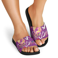 Hawaiian and Japanese Culture Together Slide Sandals Kakau Tribal Pattern and Irezumi Art Purple Color