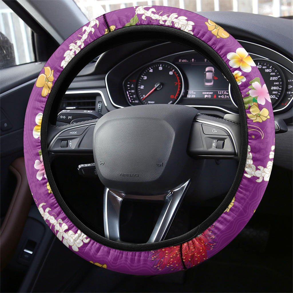 Hawaiian and Japanese Culture Together Steering Wheel Cover Kakau Tribal Pattern and Irezumi Art Purple Color
