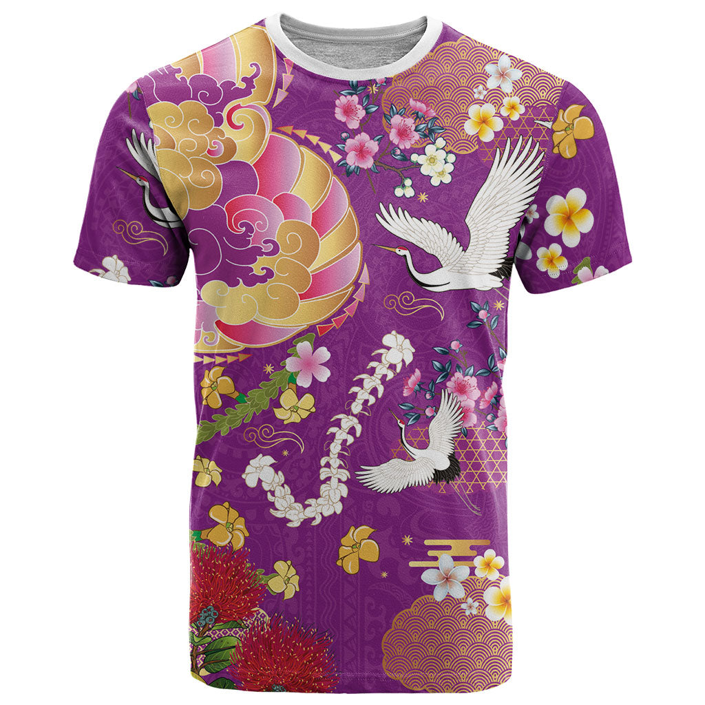 Hawaiian and Japanese Culture Together T Shirt Kakau Tribal Pattern and Irezumi Art Purple Color