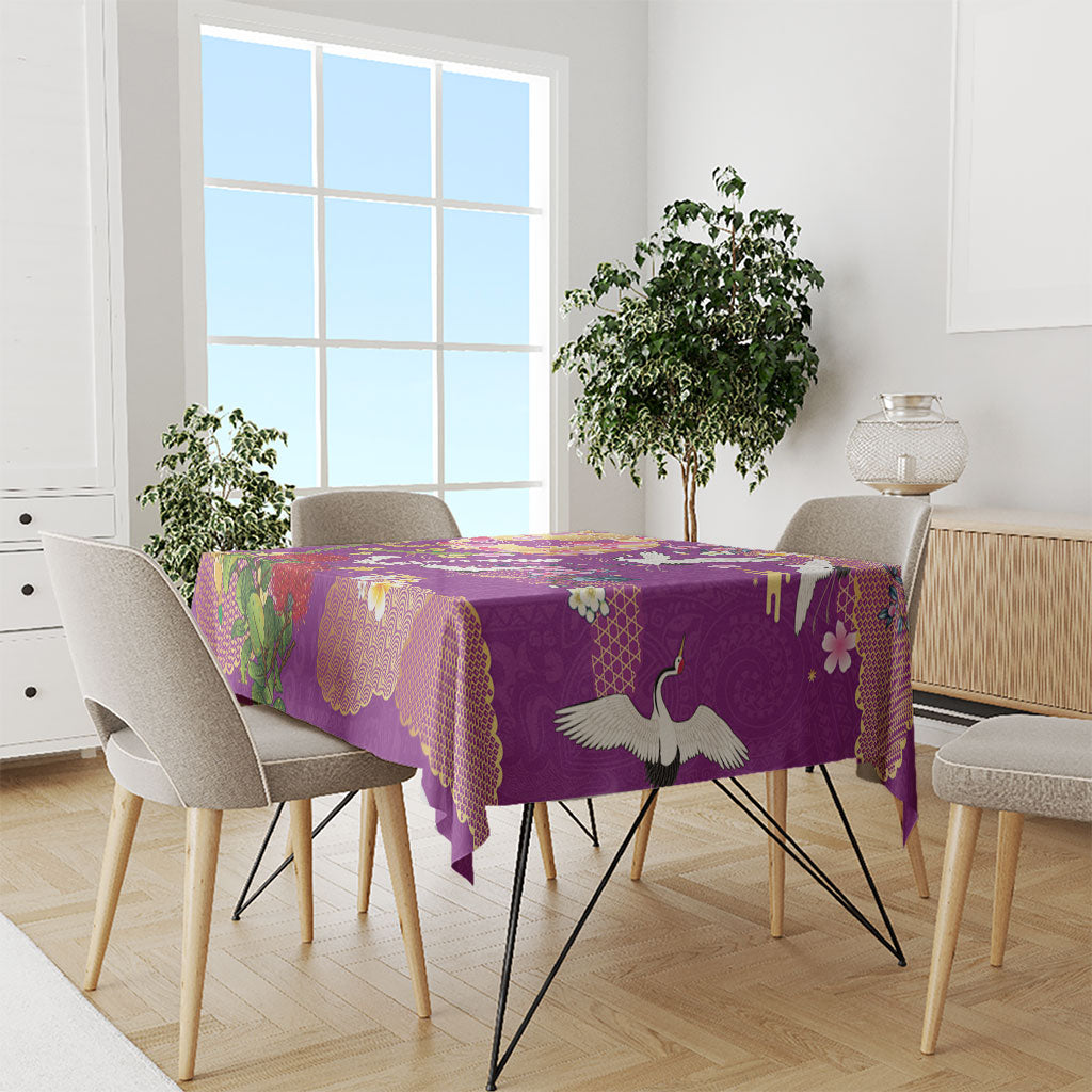 Hawaiian and Japanese Culture Together Tablecloth Kakau Tribal Pattern and Irezumi Art Purple Color