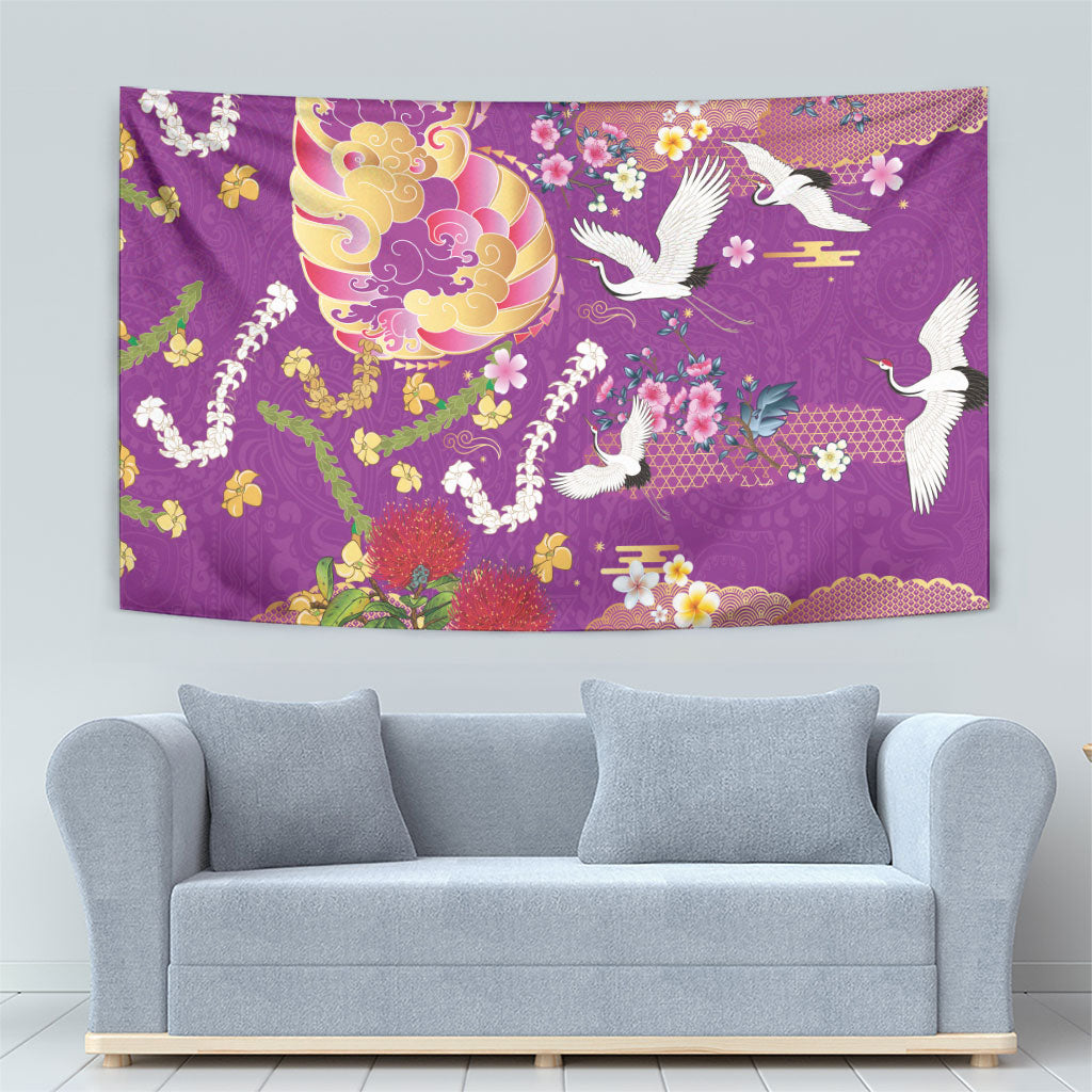 Hawaiian and Japanese Culture Together Tapestry Kakau Tribal Pattern and Irezumi Art Purple Color