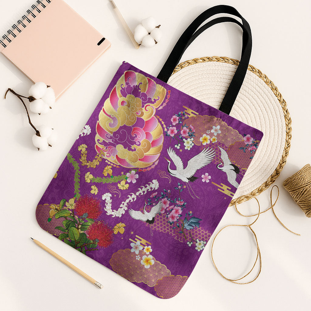Hawaiian and Japanese Culture Together Tote Bag Kakau Tribal Pattern and Irezumi Art Purple Color