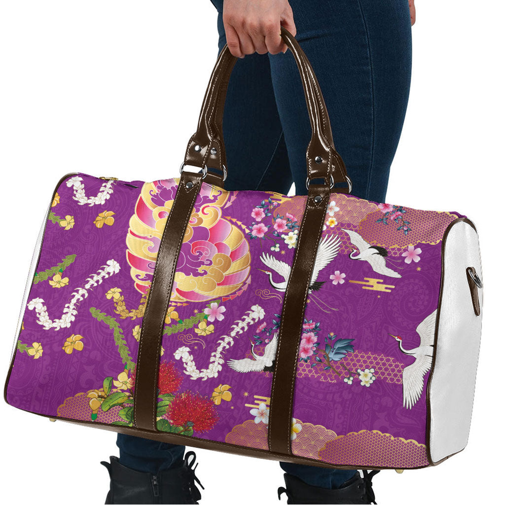 Hawaiian and Japanese Culture Together Travel Bag Kakau Tribal Pattern and Irezumi Art Purple Color