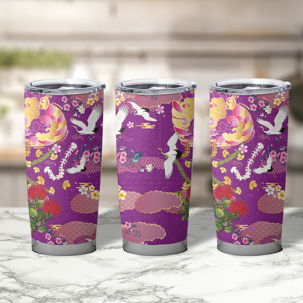 Hawaiian and Japanese Culture Together Tumbler Cup Kakau Tribal Pattern and Irezumi Art Purple Color