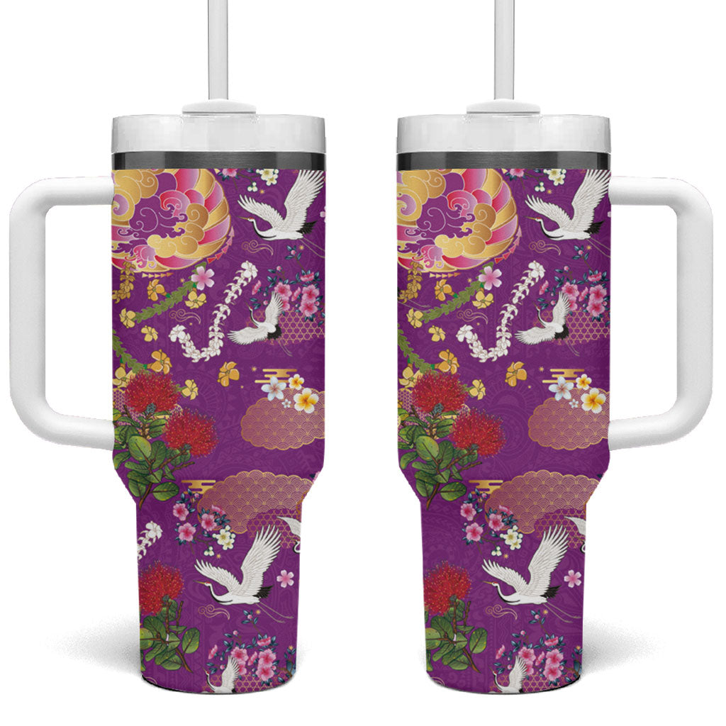 Hawaiian and Japanese Culture Together Tumbler With Handle Kakau Tribal Pattern and Irezumi Art Purple Color